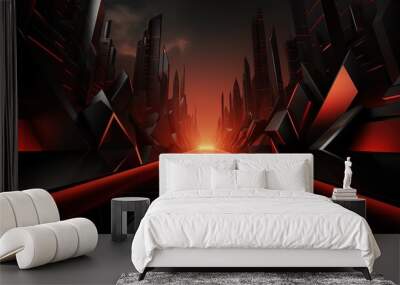 Futuristic cityscape with red glowing lights. Wall mural