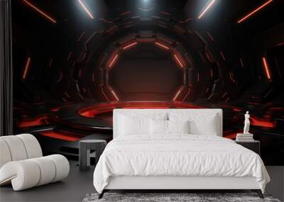 Futuristic dark room with red glowing lights and a platform in the center. Wall mural