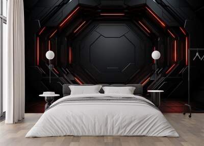 Futuristic dark room with red glowing lines. Wall mural