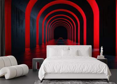 Red Neon Lights Illuminate a Dark and Mysterious Archway. Wall mural