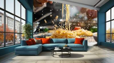 Professional chef showcases his culinary skills by dynamically tossing linguine in a kitchen setting. Celebrating national linguine day with flair. Steam and ingredients flying Wall mural