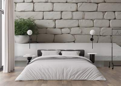 Empty white stone table photo for product with white stone house wall background,  Wall mural