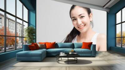 Closeup young beautiful woman smile pure cosmetic skin Wall mural