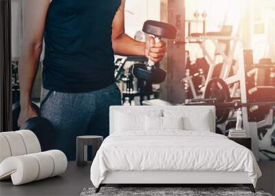 Hand holding weight dumbbell in gym close up arm muscle exercise with metal dumbbell Wall mural