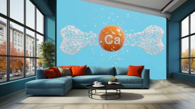 concept of nourishing and strengthening bones.  bones white milk tablets splashing on calcium balls on blue background. vitamin D. 3d render. Wall mural