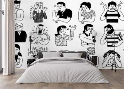 Big collection of various people's facial emotion expression, happy, sad, shocked, scared, angry, laughing, crying, etc. Outline, hand drawn sketch, black and white ink style.  Wall mural