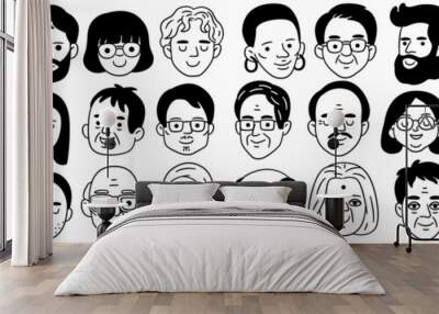 Big set of various people's faces in hand drawn sketch design, black and white ink style. Ethnicity, diverse, different races, multiracial, Asian, caucasian, african, indian, american, arabian.  Wall mural