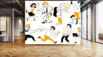 Cute character illustration doodle style of funny office person, happy employees at work, various activities, working, busy, celebrating, tired, different individuals. Outline, thin line art. Wall mural