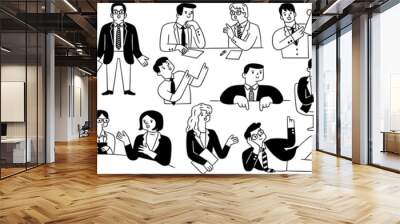 Cute character illustration doodle style of male and female business people, presenting, talking, pointing, discussing, television reporting. Outline, thin line art, black and white ink drawing style. Wall mural