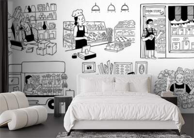 Cute vector illustration doodle line art of small business owner. Black and white ink style, outline, thin line art, hand drawn sketch design, big set and bundle. Wall mural