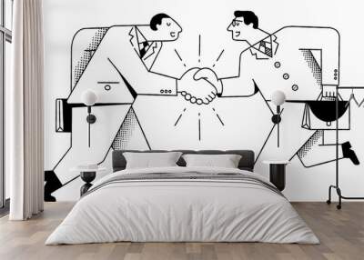 Two businessmen doing shaking hands in agreement. Vector illustration doodle, cute character, hand drawn sketch, black and white ink style. Wall mural