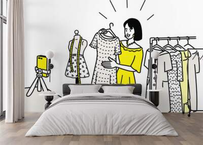 Vector character of pretty woman showing and selling her clothes with vlog live streaming online via her smartphone. Outline, linear, thin line art, hand drawn sketch design, simple style. Wall mural