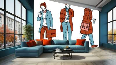 Young attractive businessman, standing and walking to work, in winter fashion style. Outline, linear, thin line art, hand drawn sketch, simple style. Wall mural