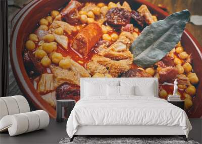 Garbanzos con callos en plato cerámico fondo madera Wall mural