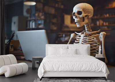 a skeleton using his laptop in the office - halloween work concept Wall mural