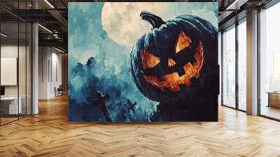 beautiful halloween illustration of a watercolor drawing of a pumpkin in the cemetery under the light of the full moon Wall mural