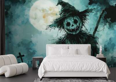 beautiful halloween illustration of a watercolor drawing of a scarecrow in the cemetery under the light of the full moon Wall mural