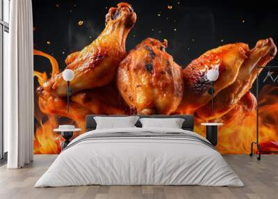 chicken wings with fire around - spicy concept Wall mural