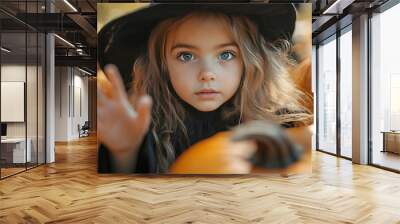 Little girl dressed as a witch in a pumpkin field on Halloween day Wall mural