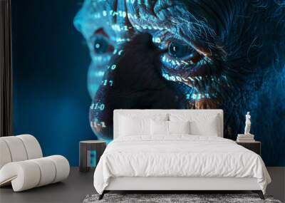 old man in a cyberspace environment with binary code on her face - concept of the future with artificial intelligence Wall mural