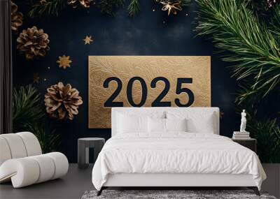 Rectangular gold card with the number “2025” engraved on a dark and elegant background, ideal for New Year's. Wall mural