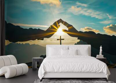 the hand of God helping and giving hope, in the background with the cross of Christ Wall mural