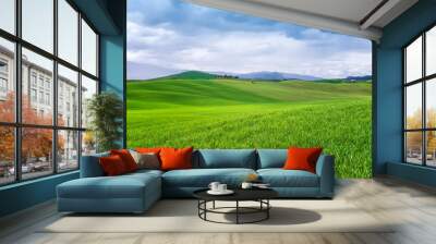 Amazing spring landscape with green rolling hills and farm houses in the heart of Tuscany in morning Wall mural