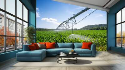 Large water sprinkler system in a corn field. Equipment for industrial irrigation.  Sustainable agriculture concept.. Wall mural