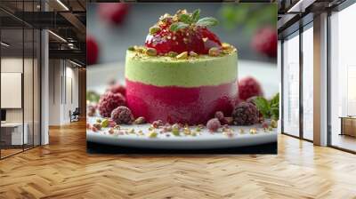 Unique dessert with vibrant pistachio mousse and delicate raspberry gel Wall mural