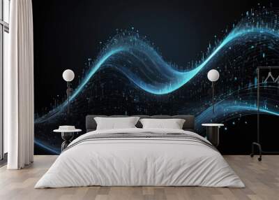 A dynamic visualization of blue wavy lines with particles, set against a dark background, creating a sense of fluid motion and energy. Wall mural