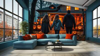 A family holding hands as they enter a haunted house decorated with sinister jack-o'-lanterns, twisted trees, and glowing red eyes peering from the darkness. Wall mural