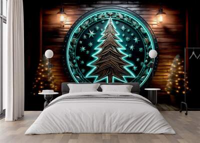 A neon sign adorning a wall, depicting the enchanting imagery of a pine tree and a Christmas ball Wall mural