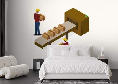 Two men working in a warehouse, packaging boxes on an industrial conveyor belt. Wall mural