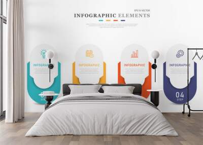 Vector infographic format. Work presentation. Work flow. 4 step plan. Wall mural