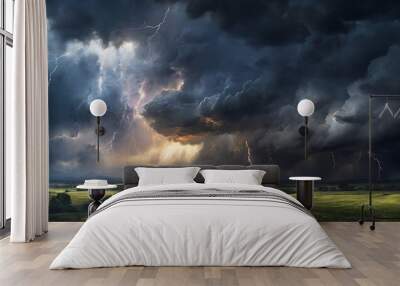 Glaze painting: A dramatic, stormy sky, with dark clouds billowing and streaks of lightning illuminating the landscape below, all captured in the depth and luminosity of glaze  Wall mural