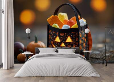 Halloween Pumpkin Treat Bag with Colorful Candy Wall mural