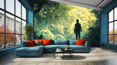 A figure stands at the edge of a lush, green forest, gazing into a vibrant and surreal sky filled with swirling patterns of light. The background consists of a mix of rich greens and bright yellows, w Wall mural