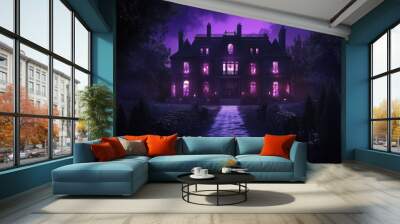 A large, dark mansion stands at the end of an illuminated path, framed by shadowy trees and hedges. The building's windows are aglow with an eerie purple light, casting an otherworldly hue across the  Wall mural