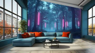 A misty forest scene with tall, dark tree trunks and dense foliage. The forest is illuminated by numerous vertical neon pink lights suspended between the trees, casting an otherworldly glow. The groun Wall mural