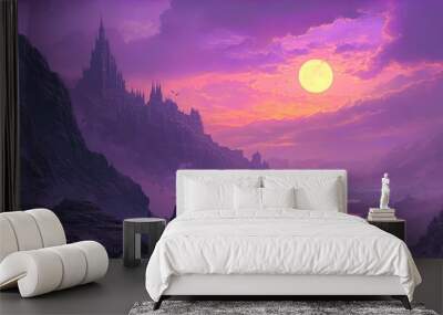 A mystical landscape is depicted under a twilight sky filled with swirling hues of purple and orange. In the foreground, a rocky terrain leads to a figure standing in silhouette, clad in dark clothing Wall mural