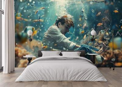 A person is sitting underwater on a rocky bottom surrounded by a variety of colorful fish. The person, identifiable by their casual attire of a white shirt and denim jeans, has their legs crossed and  Wall mural