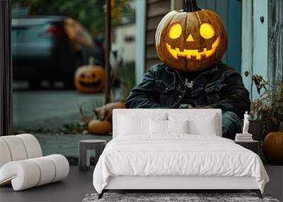 A person sitting on a pavement with a jack-o'-lantern carved pumpkin on their head. They are dressed in casual attire, including a denim jacket and gloves, and their posture is relaxed with hands clas Wall mural