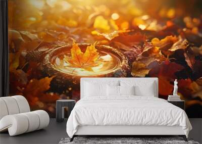 A serene autumn scene captures a shallow puddle surrounded by vibrant, fallen leaves. The puddle reflects the soft golden light of a sunset, while a single orange maple leaf floats in the center. Vari Wall mural