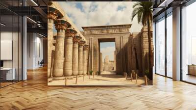 A stunning ancient Egyptian temple featuring tall, intricately carved stone columns decorated with hieroglyphics and colorful painted capitals. The temple’s architecture is grand, with massive stone b Wall mural