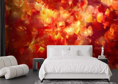 A vivid and abstract background featuring a blend of warm colors, predominantly shades of red, orange, and yellow. The image is characterized by soft bokeh effects, creating a dreamy atmosphere that c Wall mural