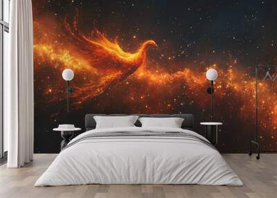 A vivid artistic depiction of a phoenix engulfed in flames soaring through a star-filled cosmos. The phoenix, rendered in rich orange and red hues, appears majestic and powerful with its wings outstre Wall mural