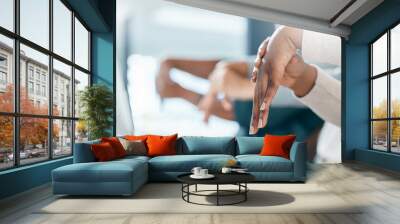 Call center, team and employees stretching hands to start networking, helping and talking to clients at customer support. Telemarketing, contact us and insurance agents resting and relaxing on break Wall mural