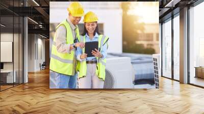 Engineer, man and woman with tablet for online research, schedule for building project and maintenance. Digital, people talking and construction worker with innovation, search internet and inspection Wall mural