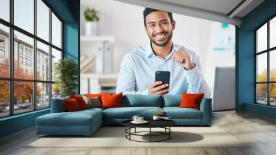 Happy, phone and portrait of business man in a office with startup and technology. Motivation, smile and happiness of businessman with insurance agency work with mobile text and development at job Wall mural