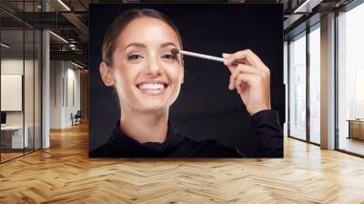 Makeup, brush or portrait of woman in studio with beauty cosmetics, eyeshadow or facial products on black background. Makeup artist, smile or happy girl brushes face for luxury skincare grooming Wall mural